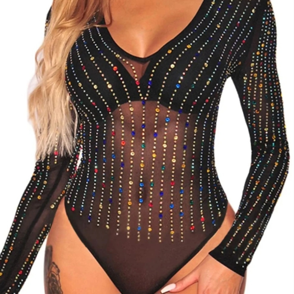 Sheer Black Rainbow Rhinestone bodysuit